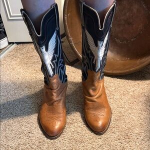 Sam Edelman Leather Brown and Black Western Cowboy Boots with White Wing Detail